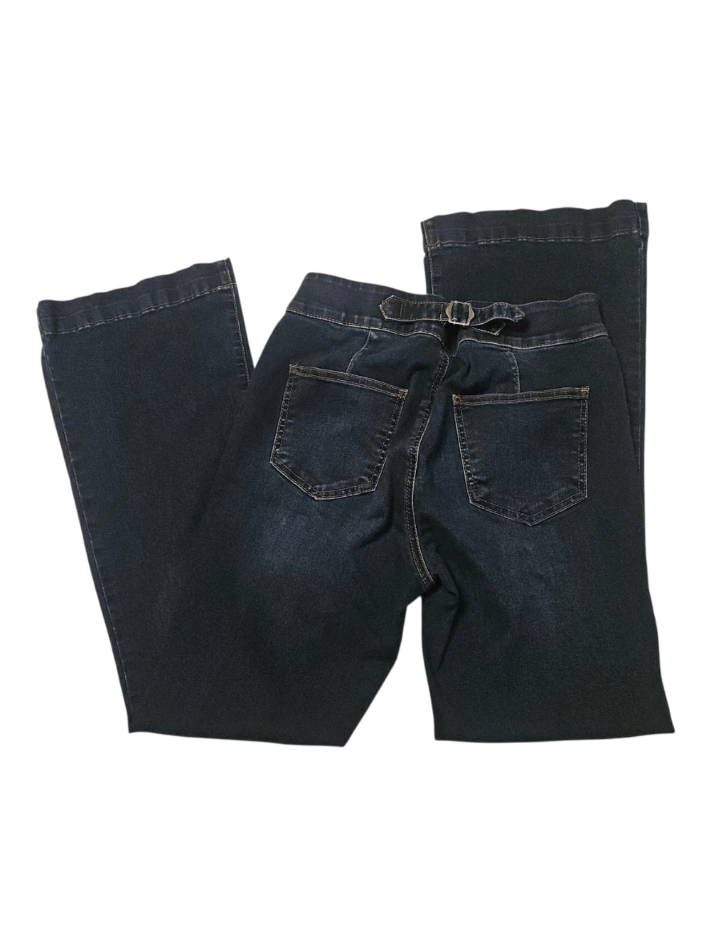 Indigo Poppy Women’s Dark Blue Flared Jeans with Back Buckle accent size 10